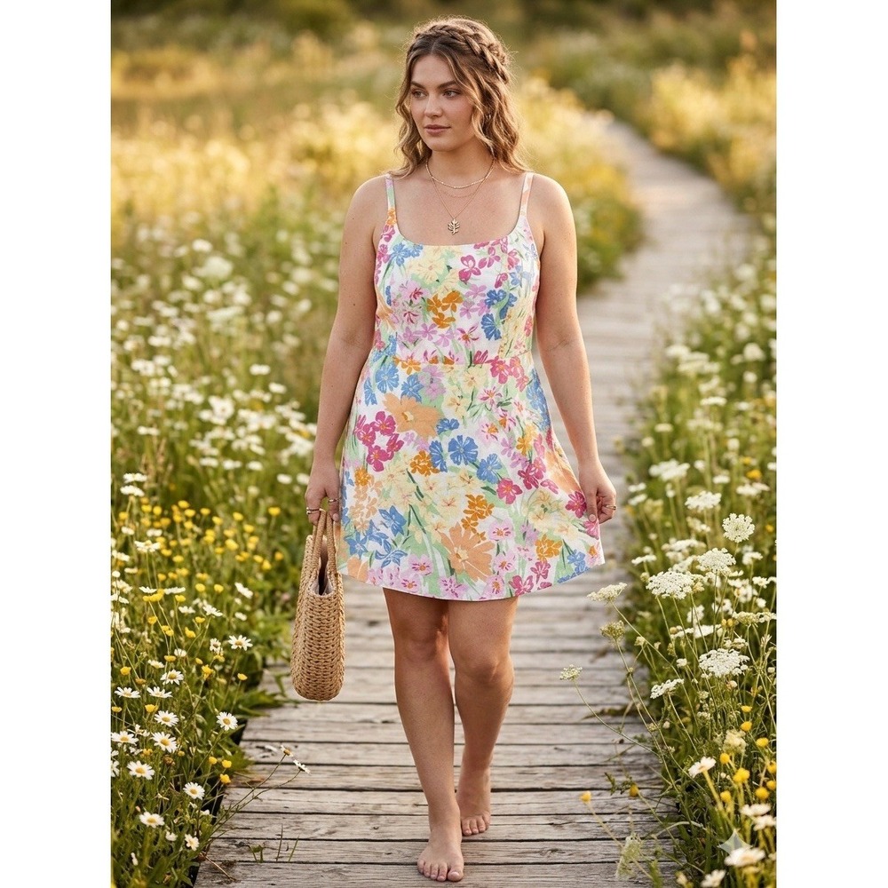 Old Navy Linen Blend Floral Mini Dress XL Smocked Cottagecore Coastal Boho